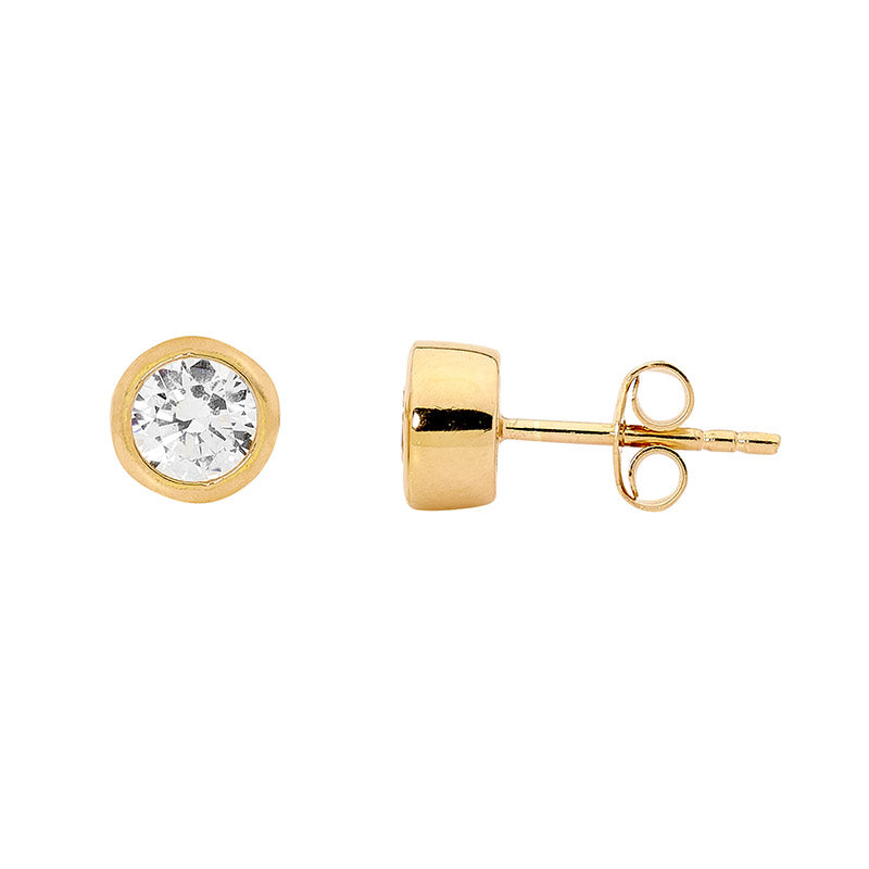 ELLANI GOLD PLATED BEZEL SET 5MM ROUND CUBIC ZIRCONIA STUD EARRINGS.