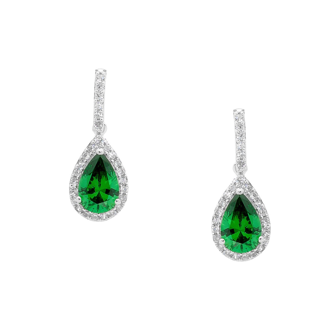 ELLANI RHODIUM PLATED GREEN PEAR CUBIC ZIRCONIA DROP STUD EARRINGS. E327G
