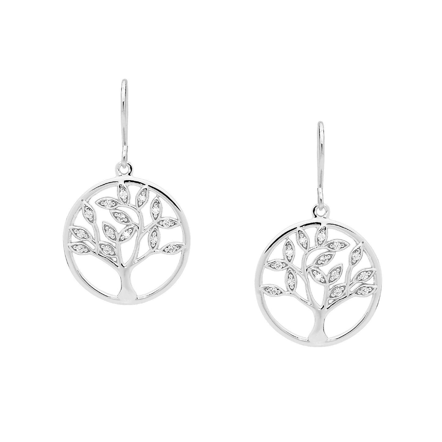 ELLANI STERLING SILVER CUBC ZIRCONIA TREE OF LIFE DROP HOOK EARRINGS. E400