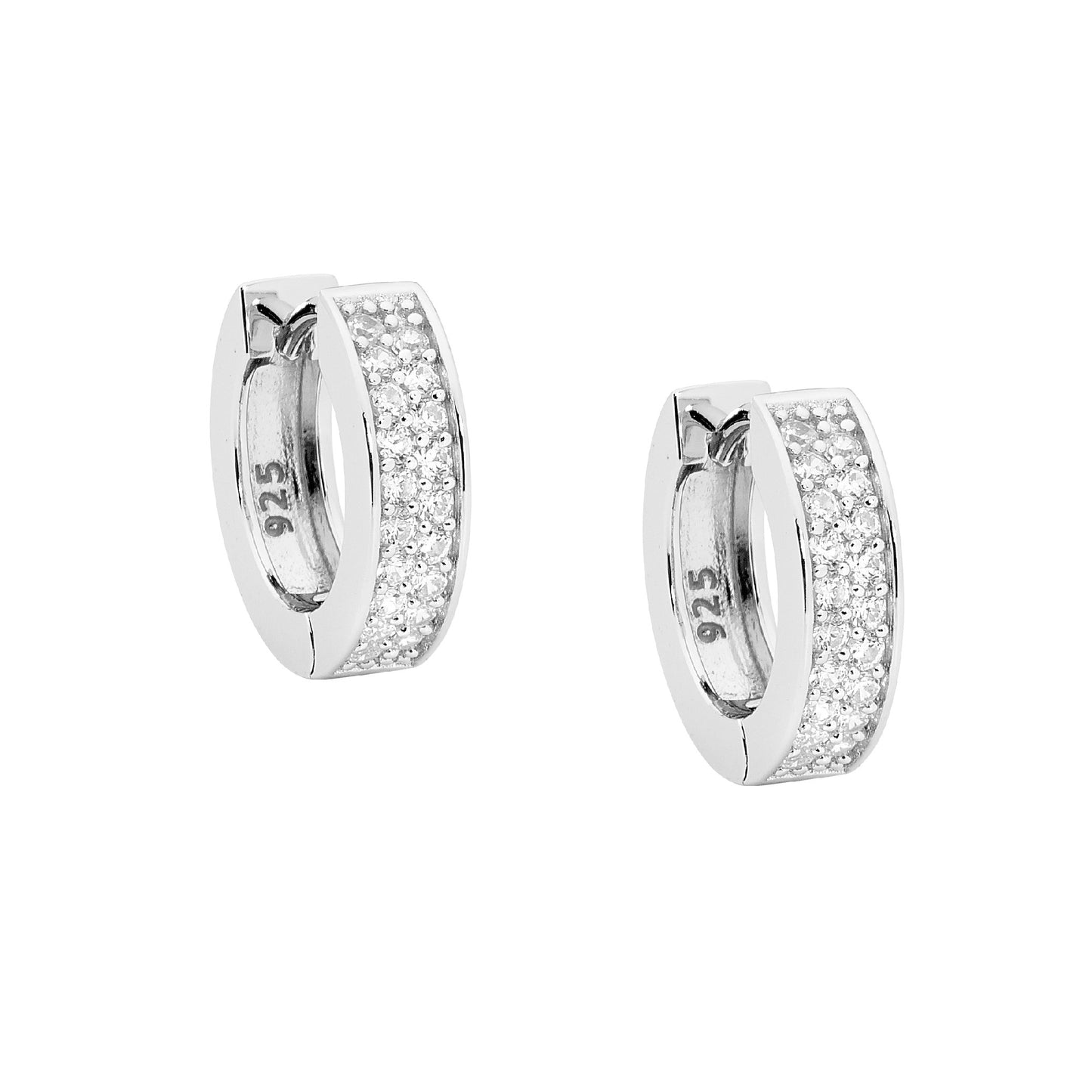 ELLANI STERLING SILVER DOUBLE ROW CUBIC ZIRCONIA HUGGIE EARRINGS. E418S