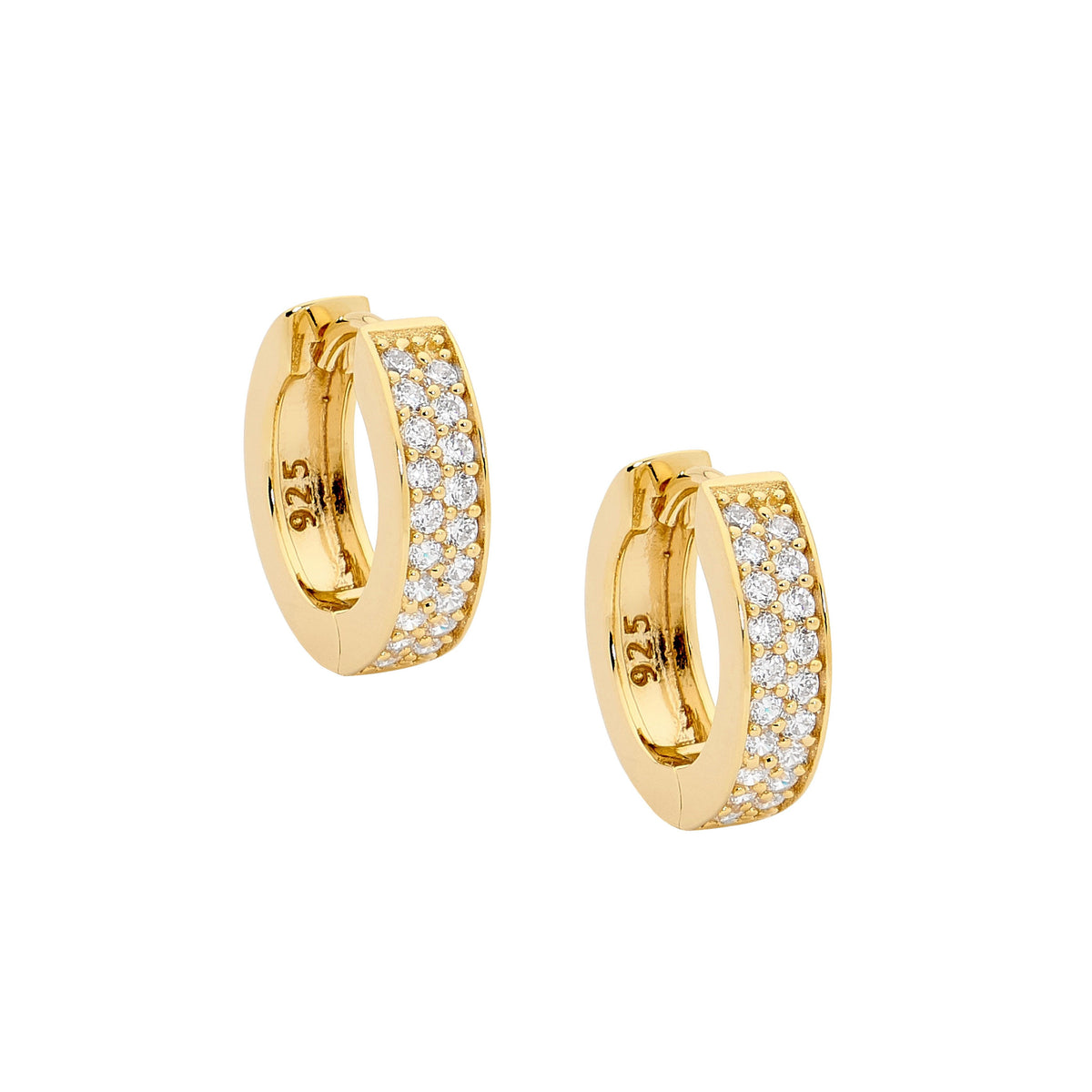 ELLANI GOLD PLATED 10MM DOUBLE ROW PAVE CUBIC ZIRCONIA HUGGIE EARRINGS. E418G