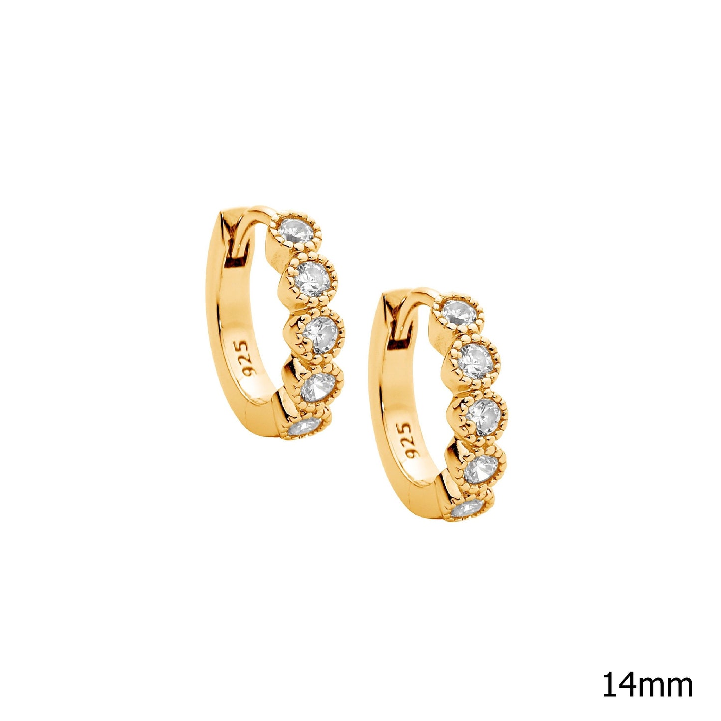ELLANI GOLD PLATED CROWN SET CUBIC ZIRCONIA 14MM HUGGIE EARRINGS. E491G
