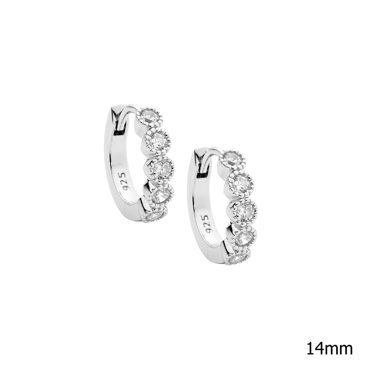 ELLANI STERLING SILVER CUBIC ZIRCONIA 10MM CROWN SET HUGGIE EARRINGS. E491S