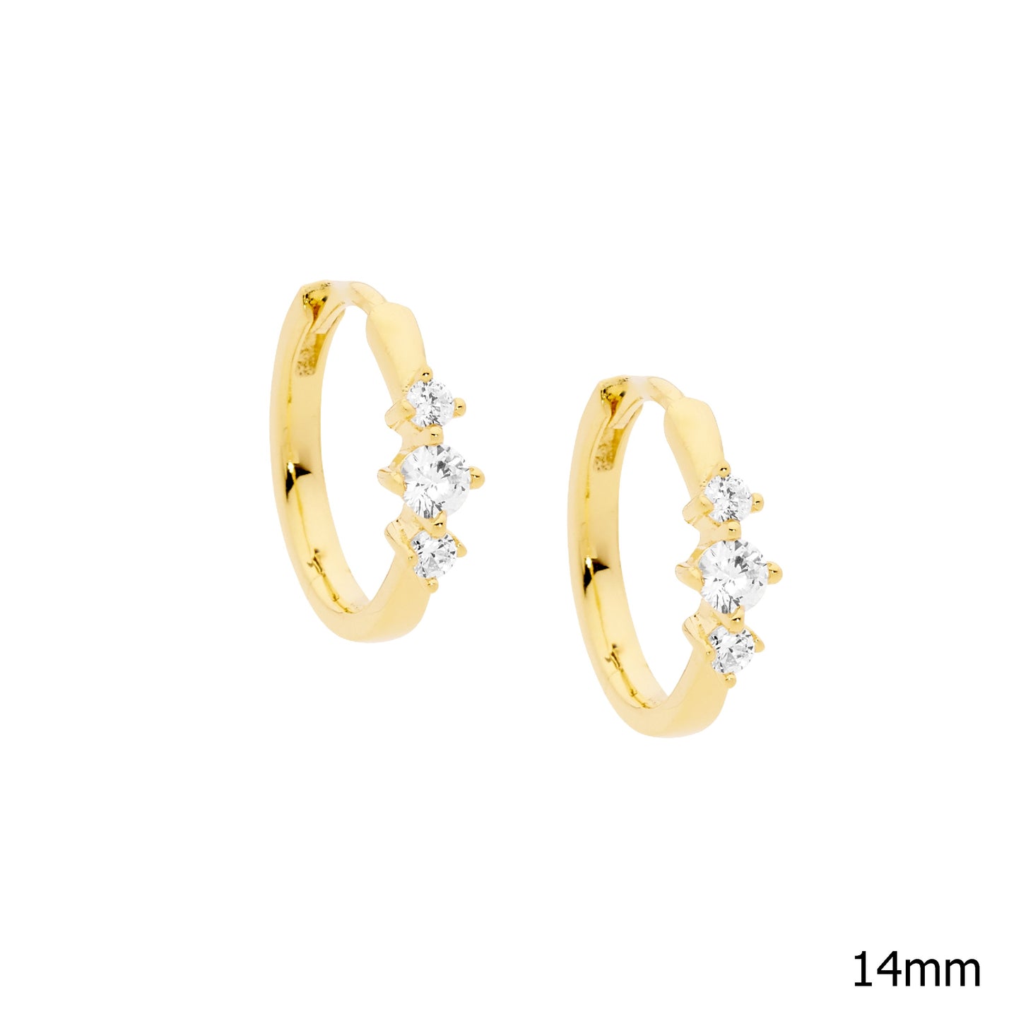 ELLANI GOLD PLATED 3 X CUBIC ZIRCONIA 14MM HUGGIE EARRINGS. E570G