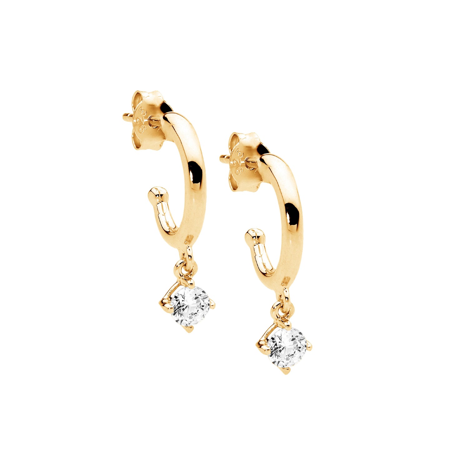 ELLANI STERLING SILVER GOLD PLATED CLAW CUBIC ZIRCONIA STUD EARRINGS. E580G
