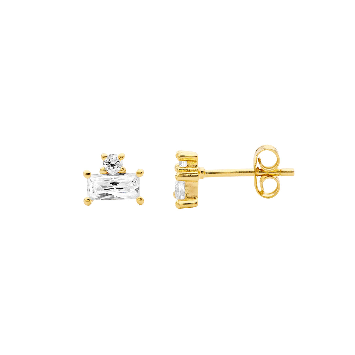 ELLANI STERLING SILVER GOLD PLATED CUBIC ZIRCONIA ROUND AND BAGUETTE STUD EARRINGS. E583G