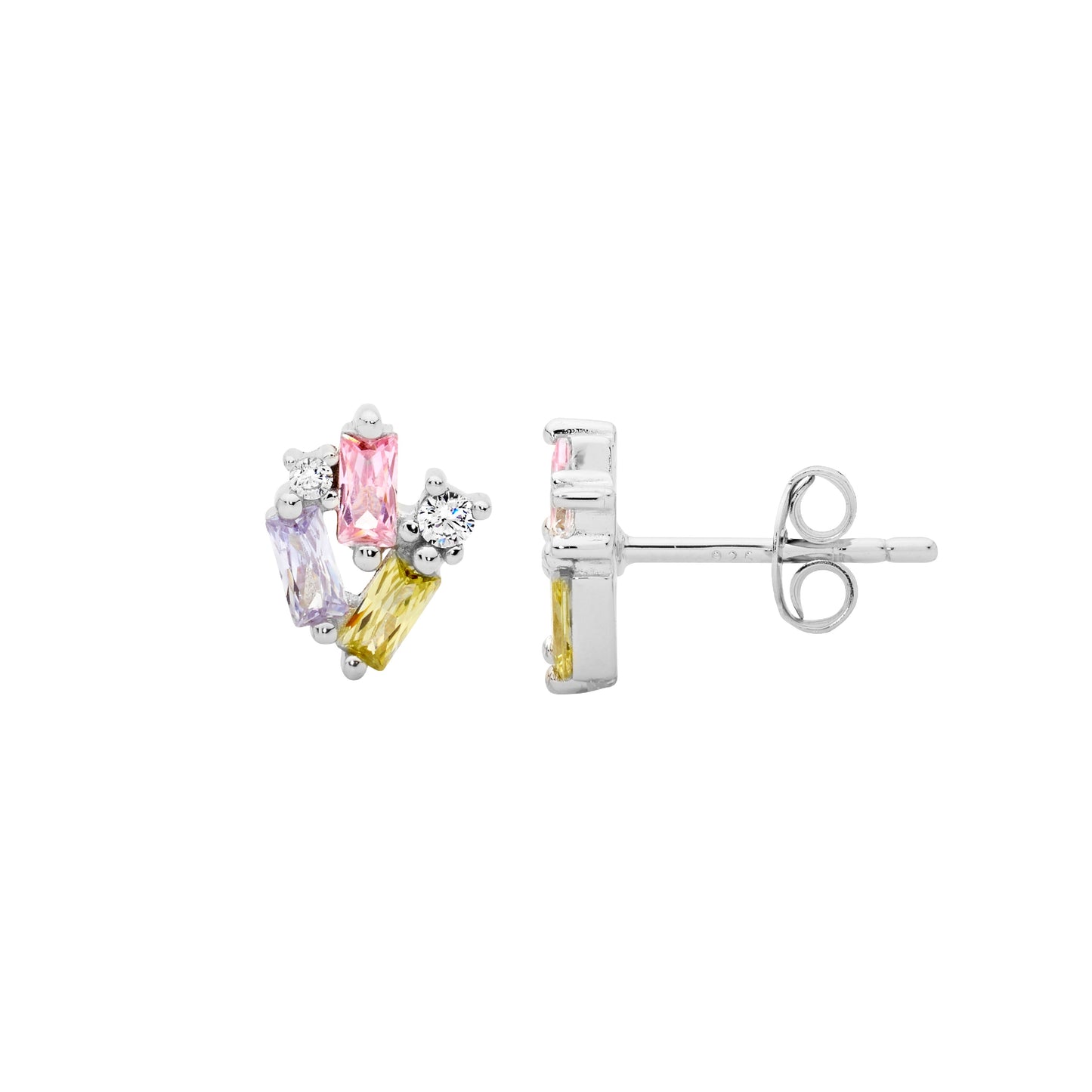 ELLANI STERLING SILVER ROUND AND BAGUETTE CUBIC ZIRCONIA STUD EARRINGS.