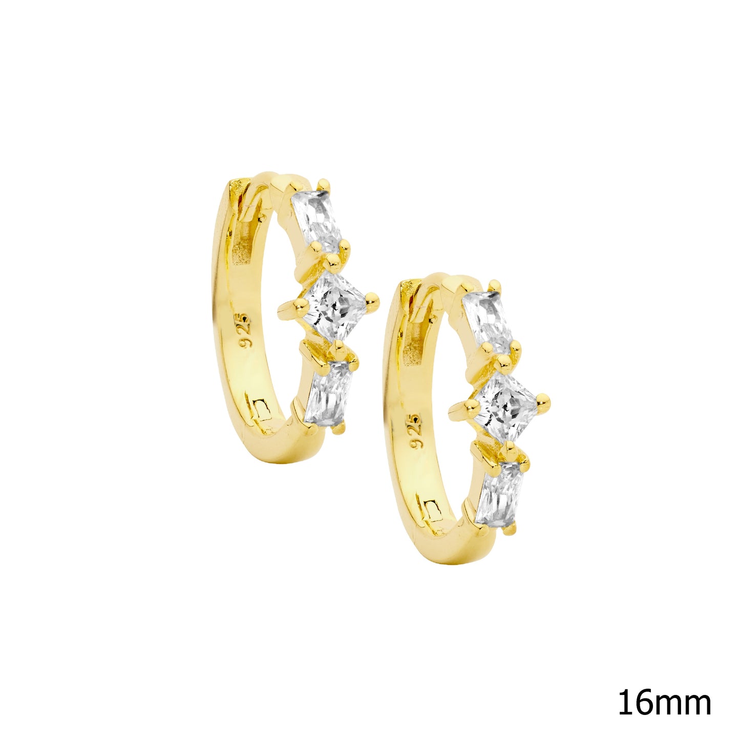 ELLANI GOLD PLATED CUBIC ZIRCONIA 16MM HUGGIE EARRINGS. E608G