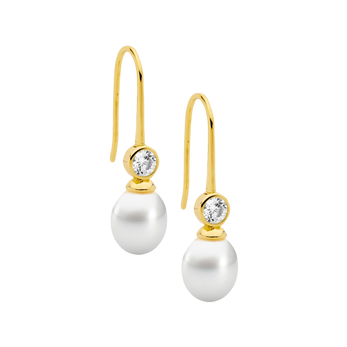 ELLANI GOLD PLATED FRESHWATER PEARL ROUND CUBIC ZIRCONIA HOOK EARRINGS. E595