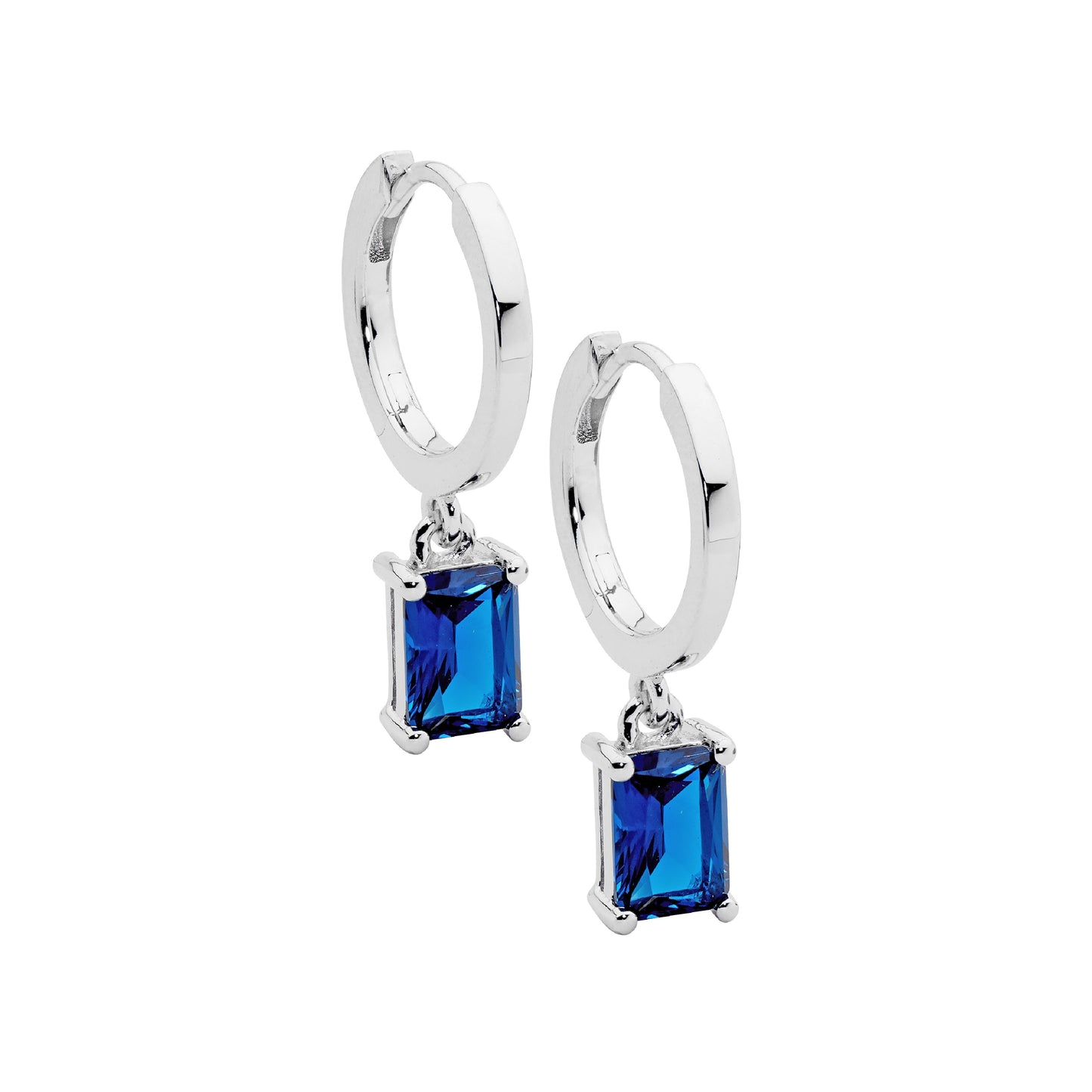 ELLANI STERLING SILVER HUGGIE EARRINGS RADIANT LONDON BLUE CUBIC ZIRCONIA DROP. E644LB