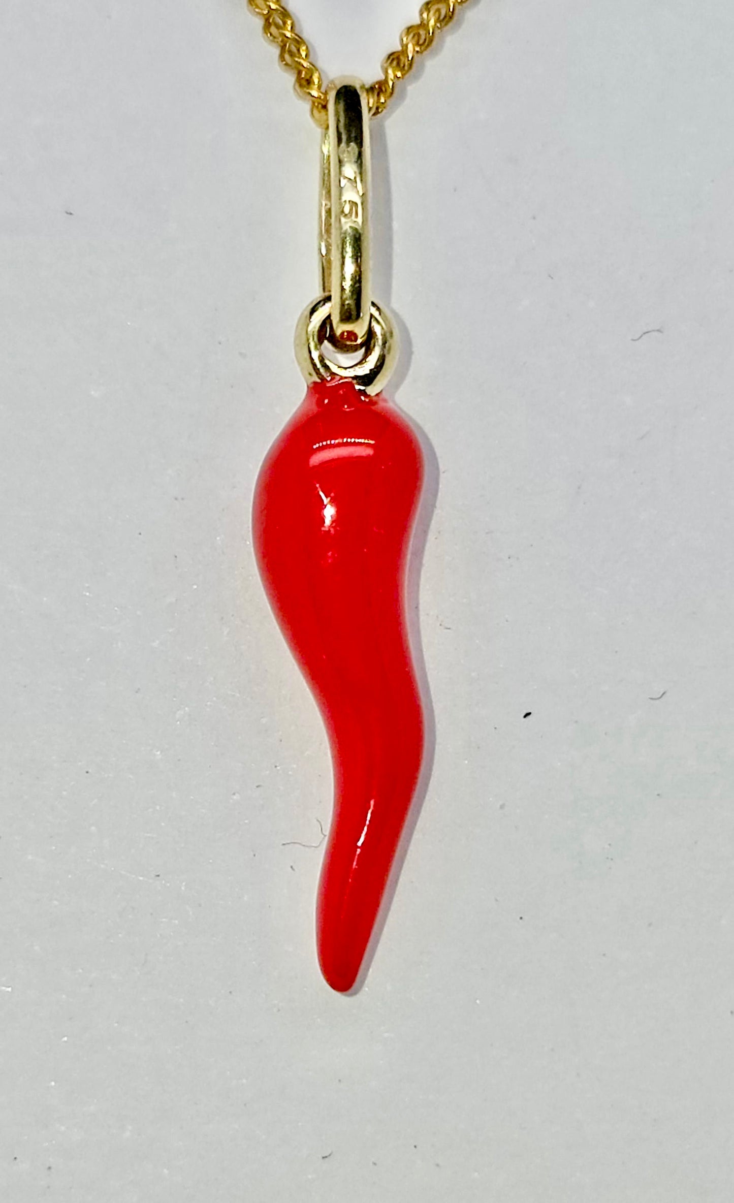 9CT YELLOW GOLD ITALIAN IMPORTED 18MM RED CHILLI PENDANT.