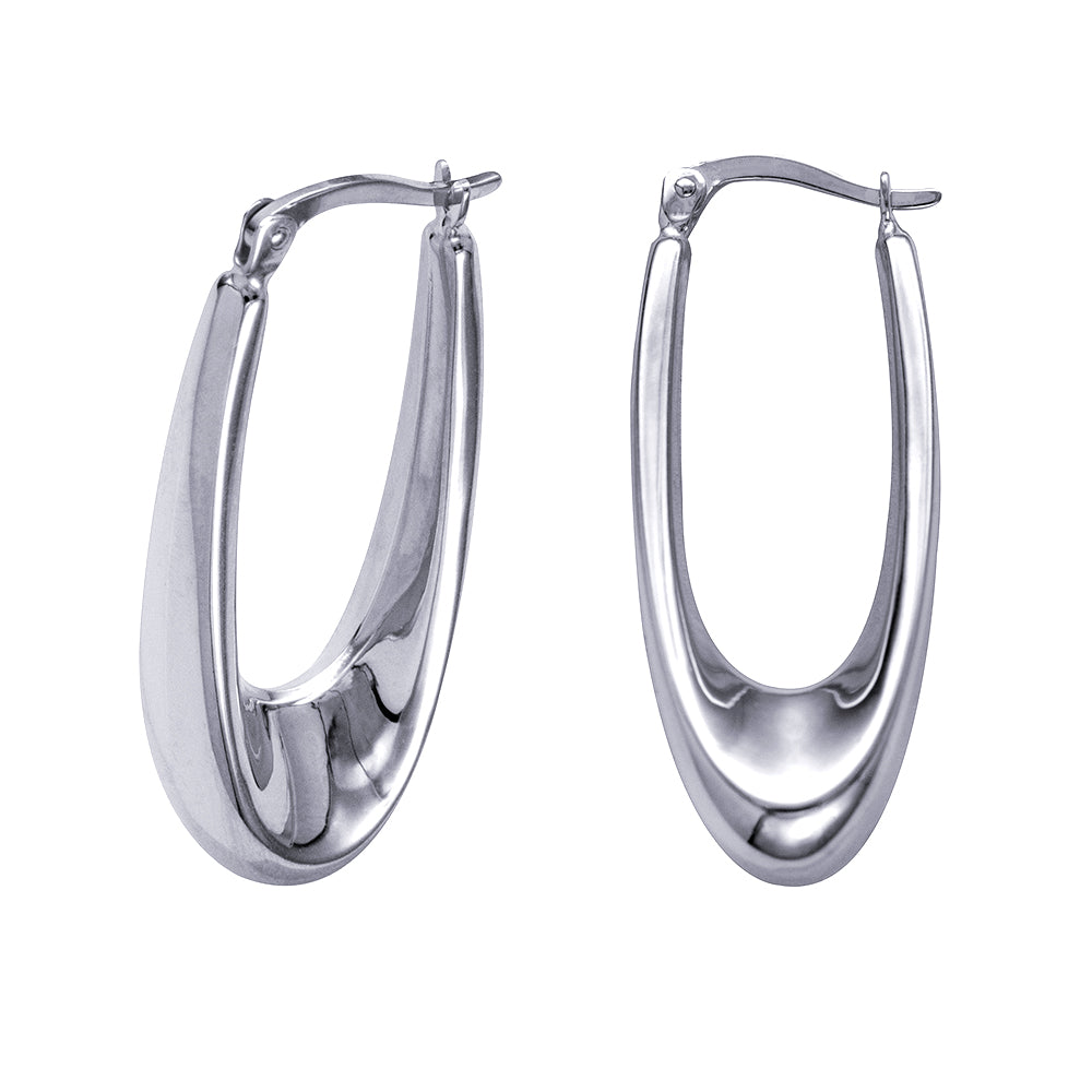 STERLING SILVER RHODIUM PLATED 5MM X 33MM HIGH TAPERED HOOP EARRINGS.