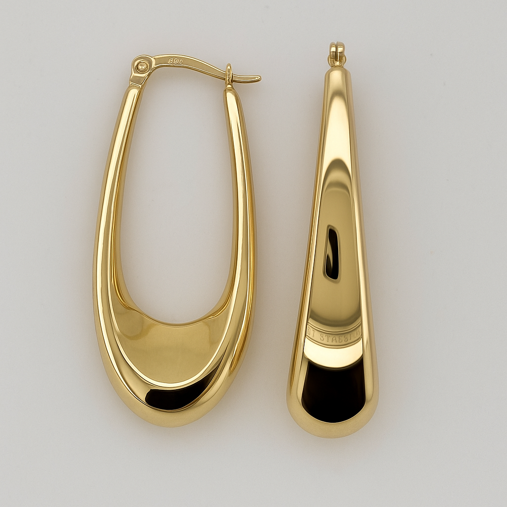 9CT YELLOW GOLD LIQUID SHAPE HOOP EARRINGS.