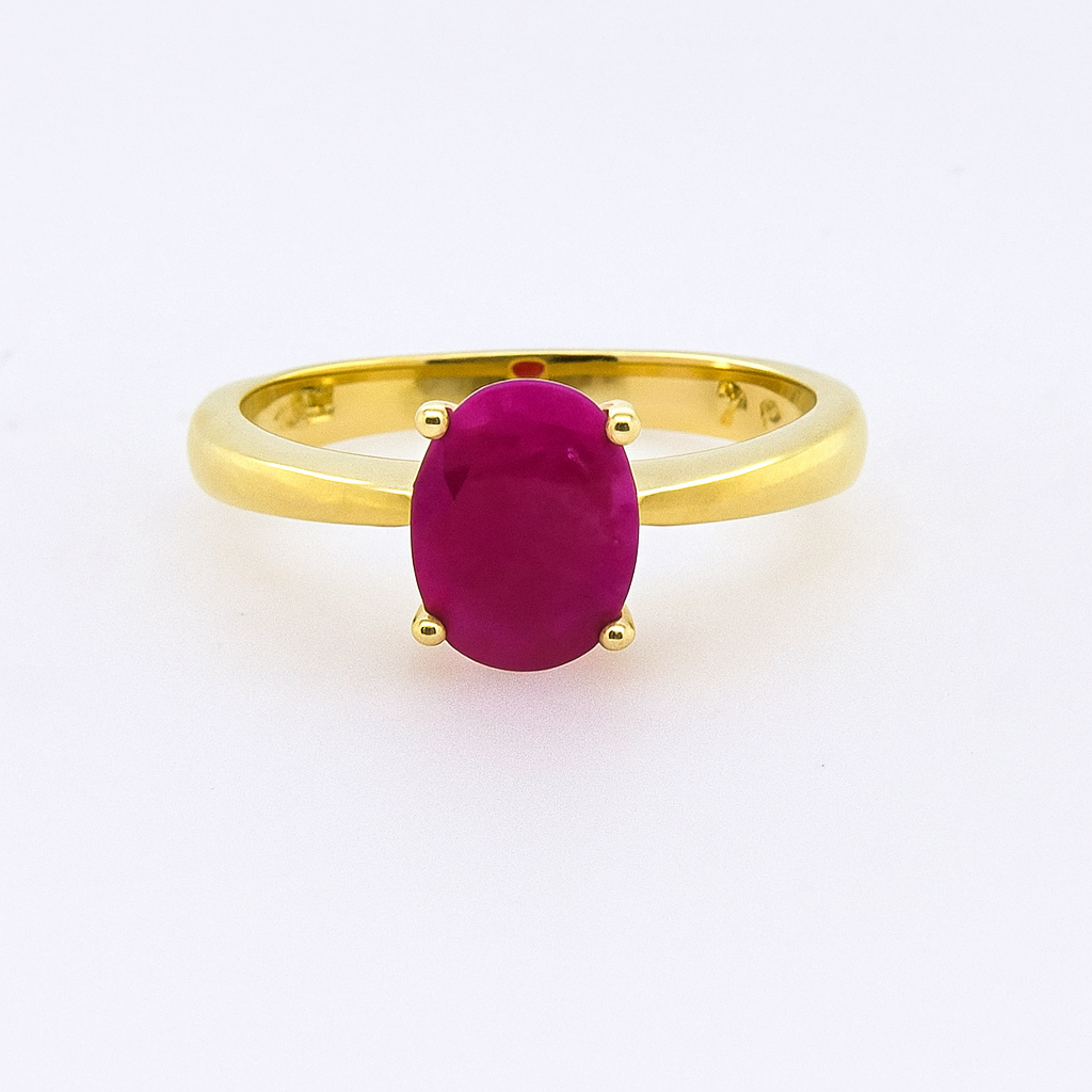 9CT YELLOW GOLD 4 CLAW SET OVAL 8X6MM 1.6CT RUBY RING.