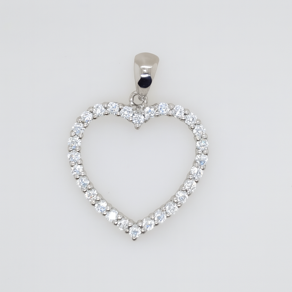 9CT WHITE GOLD 18MM CUBIC ZIRCONIA OPEN HEART PENDANT.
