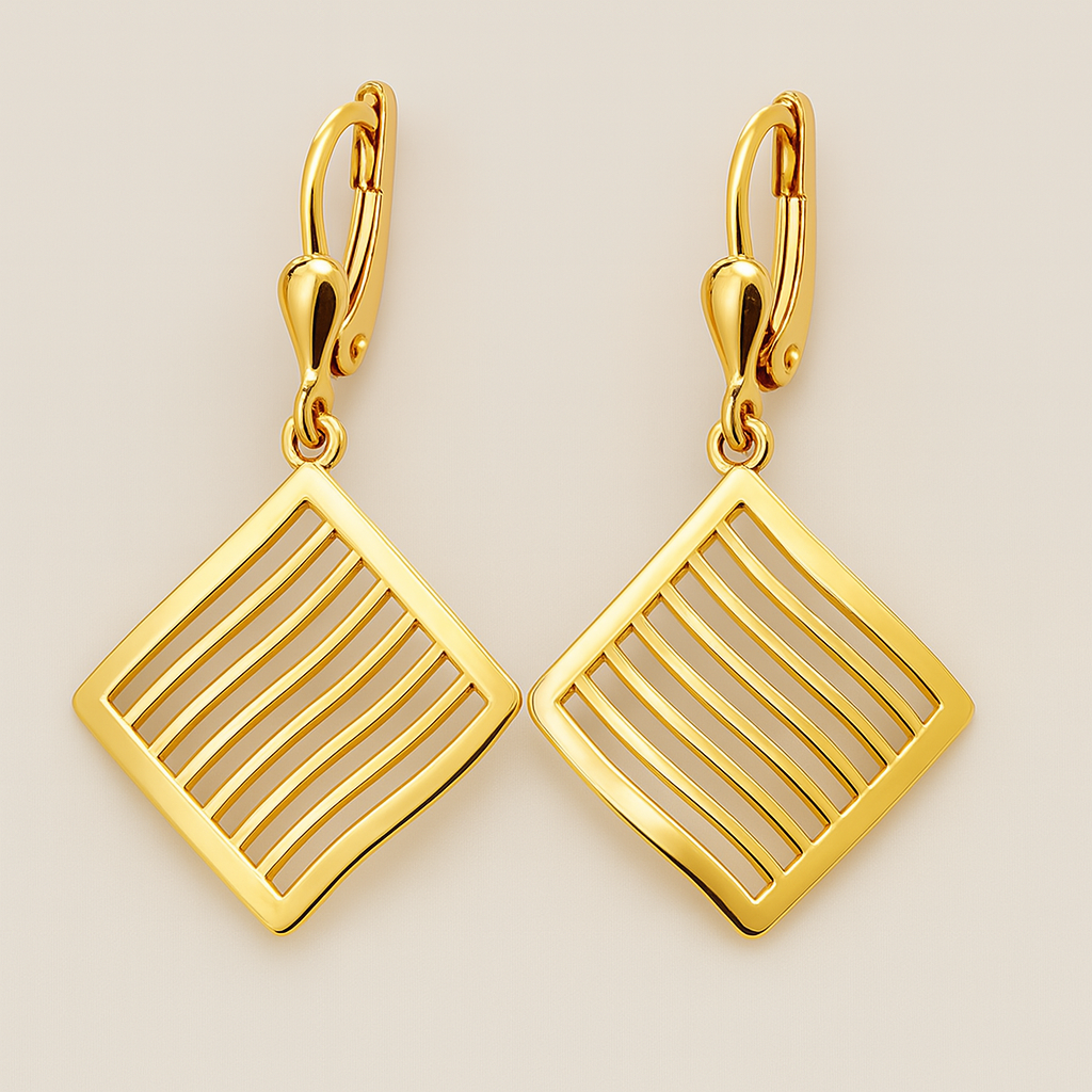 9CT YELLOW GOLD FANCY DIAMOND SHAPE DROP EARRINGS WITH EUROCLIPS