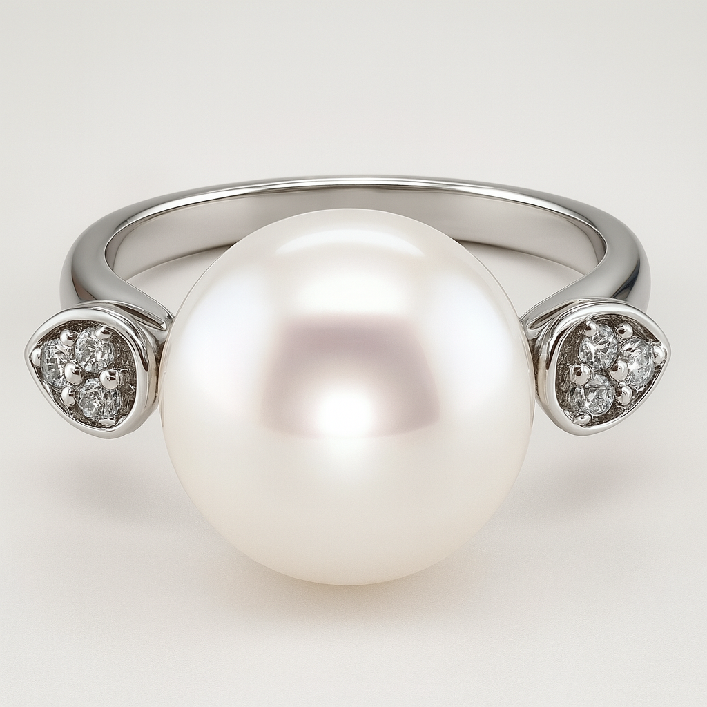 STERLING SILVER 11MM FRESHWATER PEARL AND CUBIC ZIRCONIA RING.