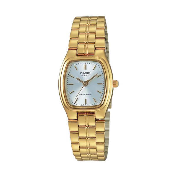 CASIO ANALOGUE WATCH WHITE FACE GOLDTONE CASE AND STAINLESS STEEL BAND.