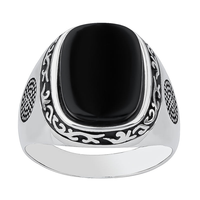 STERLING SILVER RHODIUM PLATED 16MM X 12MM ONYX RING.