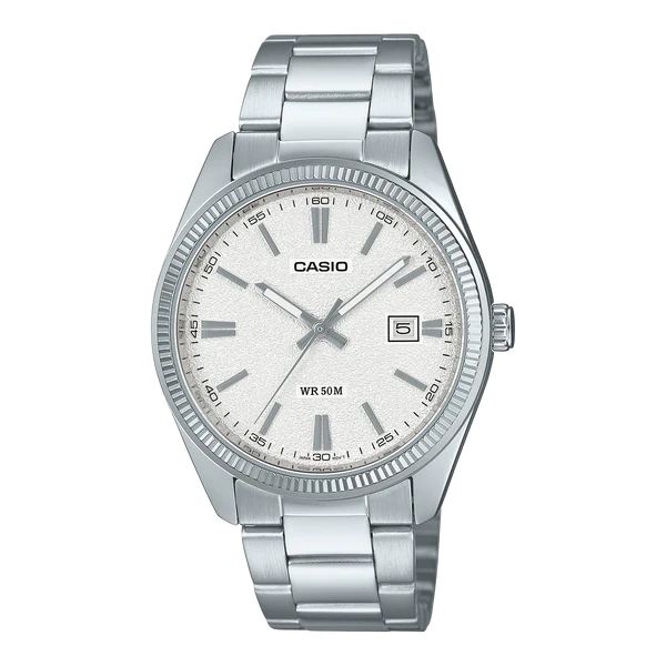 CASIO ANALOGUE WATCH SILVER FACE WITH STAINLESS STEEL BAND MTP1302DA-7A.