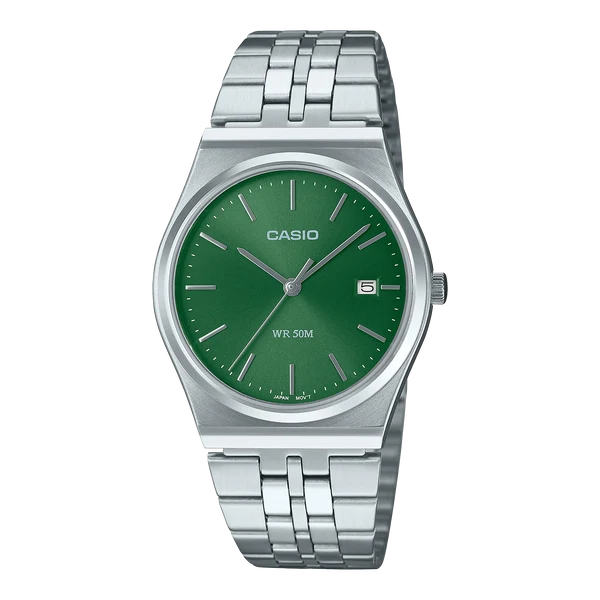CASIO ANALOGUE WATCH GREEN DIAL AND STAINLESS STEEL BAND MTPB145-3A.