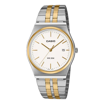 CASIO ANALOGUE WATCH TWO-TONE STAINLESS STEEL BAND. MTPB145SG-7A