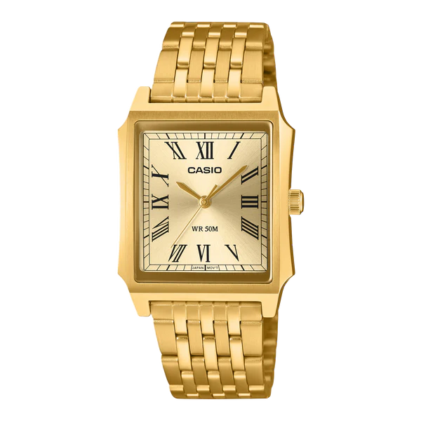 CASIO ANALOGUE GOLD PLATED ROMAN NUMERAL STAINLESS STEEL BAND.