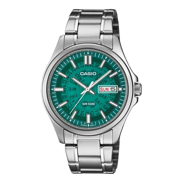 CASIO ANALOGUE WATCH TRANSPARENT GREEN DIAL STAINLESS STEEL BAND.