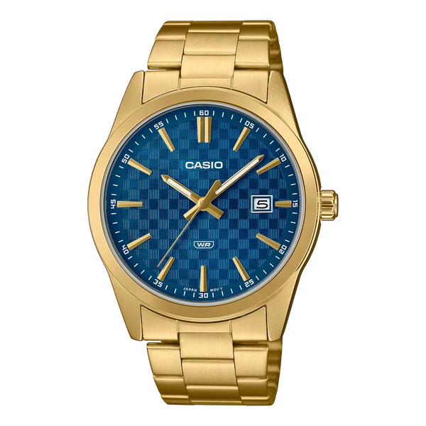 CASIO ANALOGUE WATCH GOLD PLATED BLUE FACE WITH DATE. MTPVD03G-2A