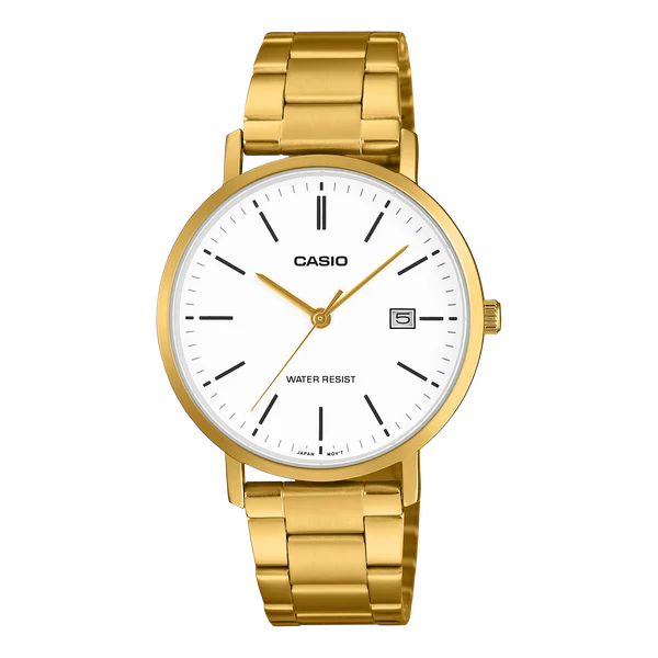 CASIO ANALOGUE WATCH STAINLESS STEEL GOLD PLATED WHITE DIAL WITH DATE. MTPVT05G-7E