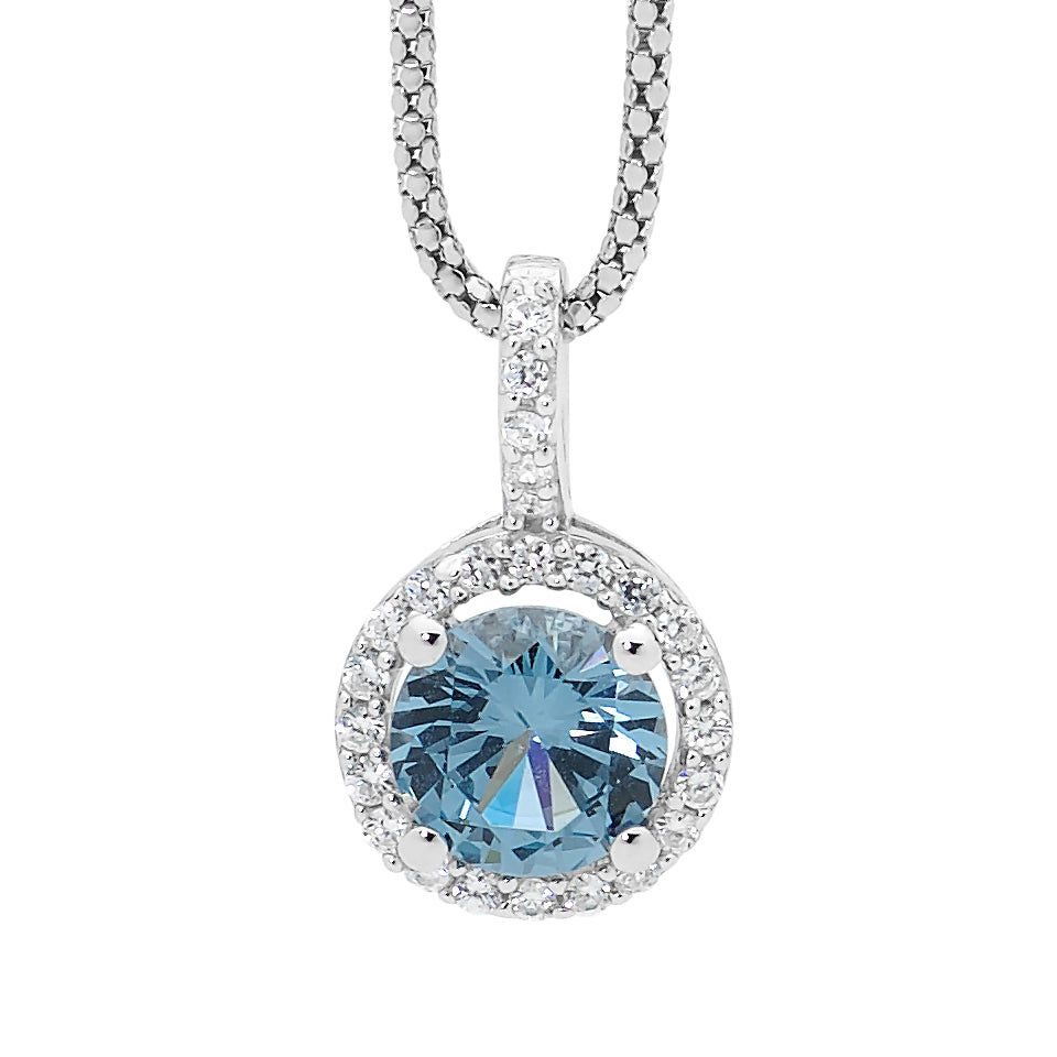 ELLANI STERLING SILVER BLUE ROUND CUBIC ZIRCONIA HALO PENDANT.