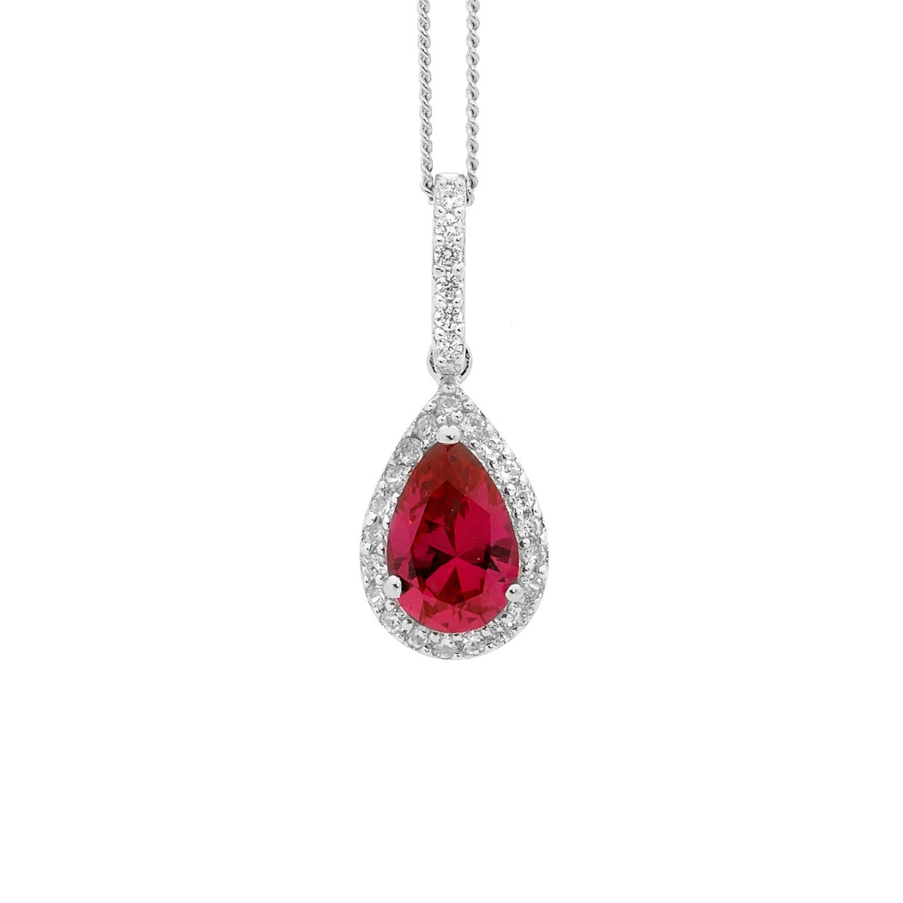 ELLANI STERLING SILVER RED PEAR SHAPE CUBIC ZIRCONIA PENDANT AND CHAIN.