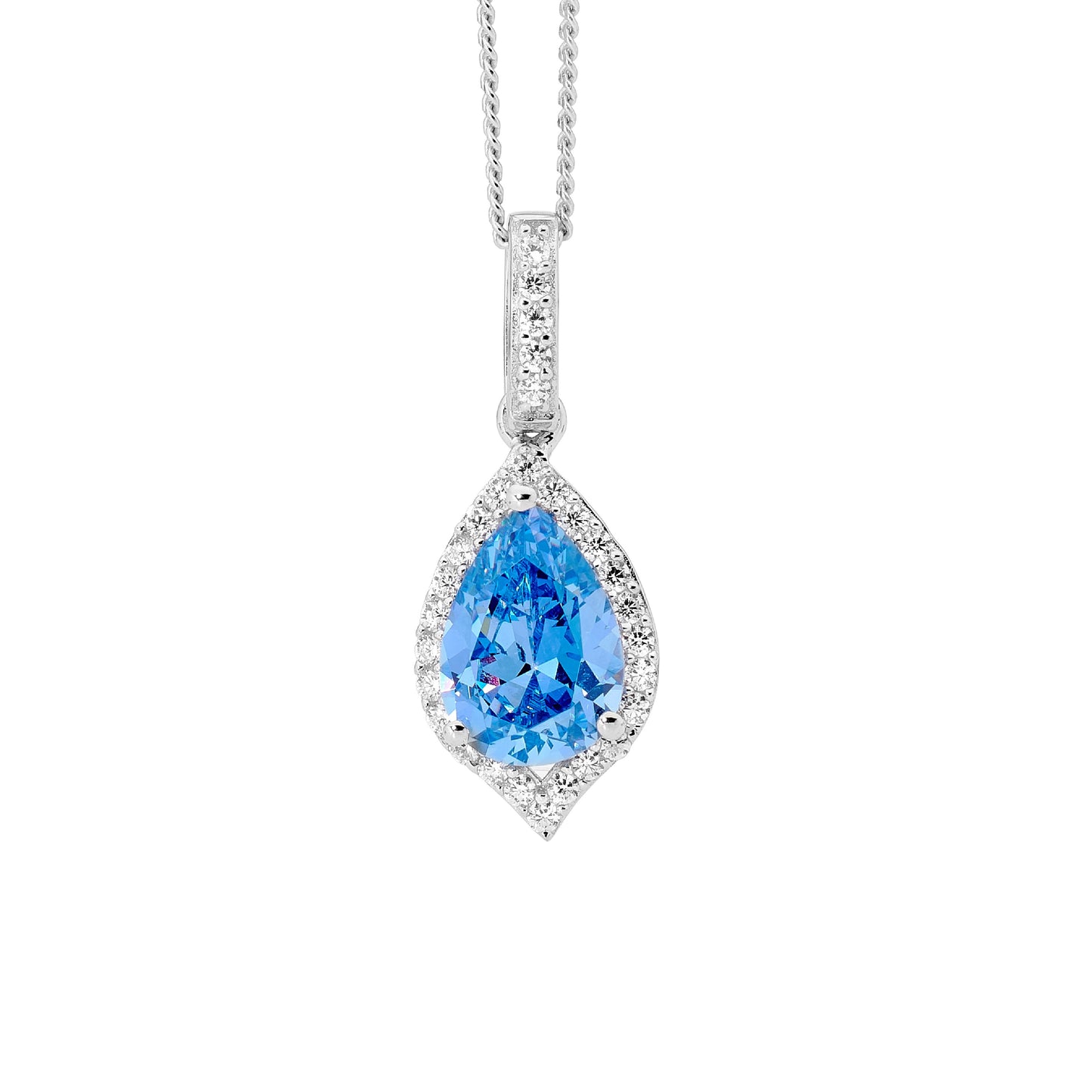 ELLANI STERLING SILVER RHODIUM PLATED FANCY BLUE PEAR CUBIC ZIRCONIA PENDANT.