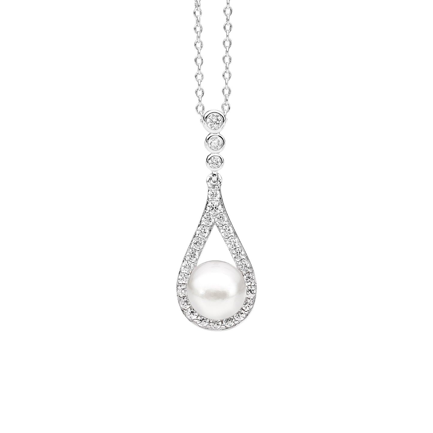 ELLANI STERLING SILVER CUBIC ZIRCONIA TEAR DROP PEARL PENDANT. P802