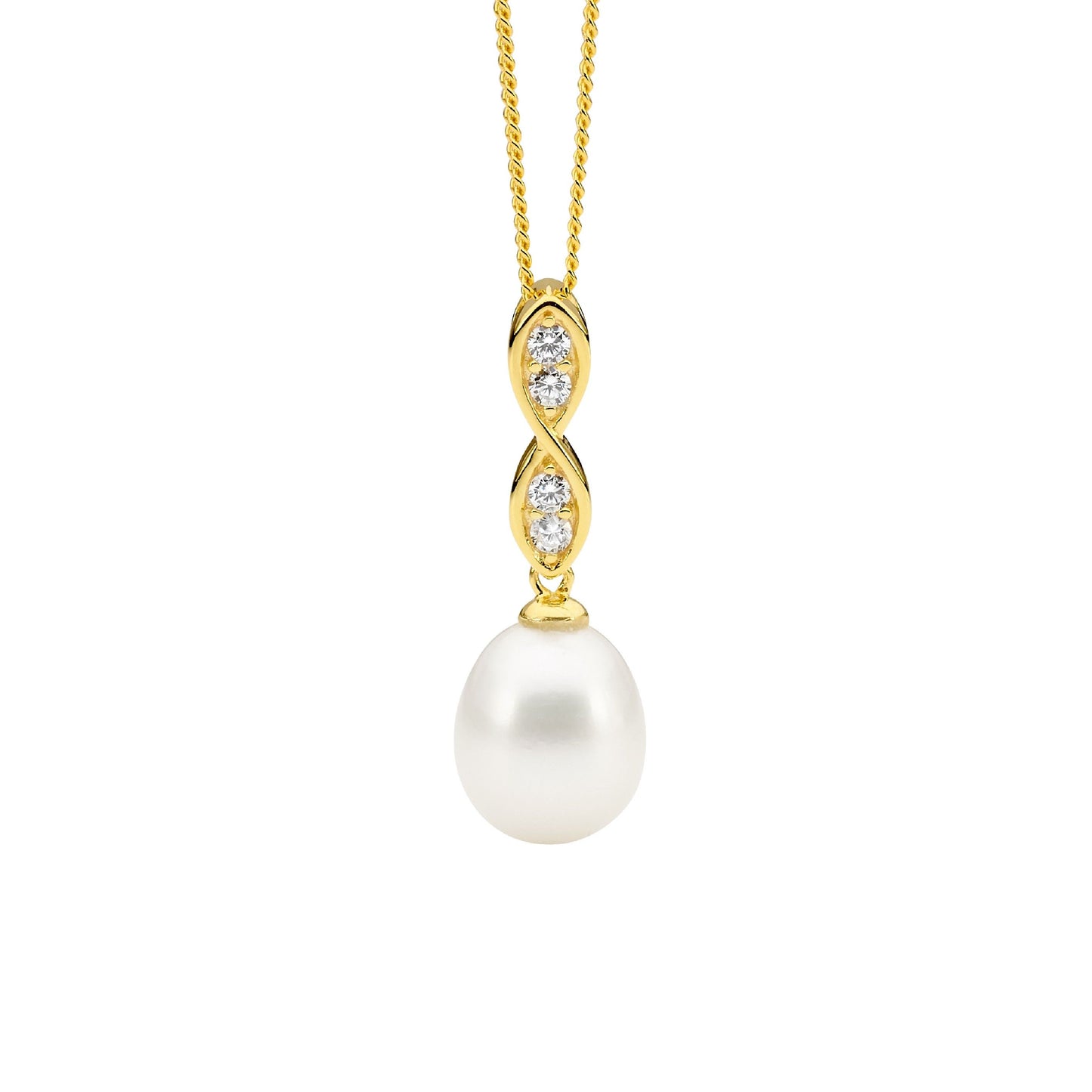 ELLANI GOLD PLATED CUBIC ZIRCONIA DROP FRESHWATER PEARL PENDANT. P834G