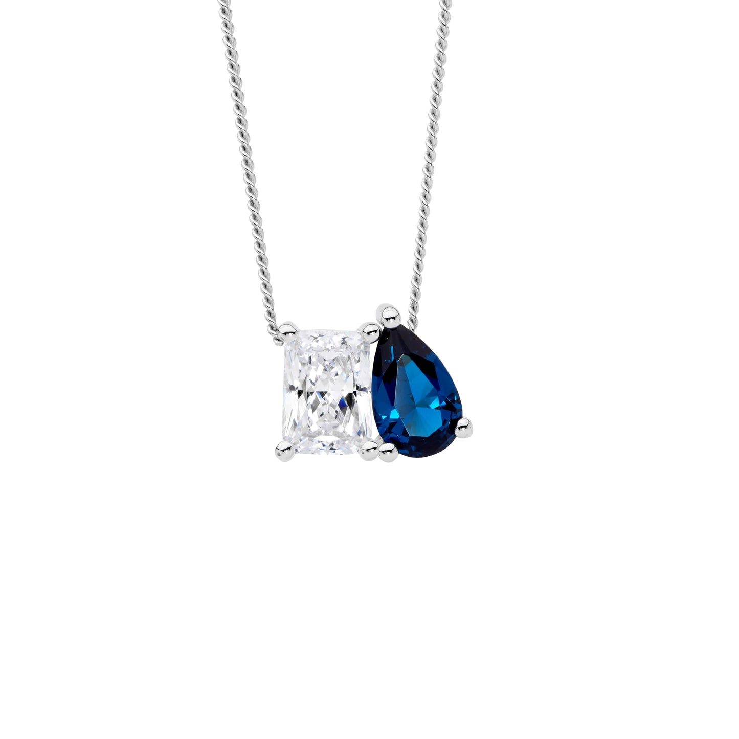 ELLANI STERLING SILVER EMERALD AND PEAR CUT CUBIC ZIRCONIA PENDANT.
