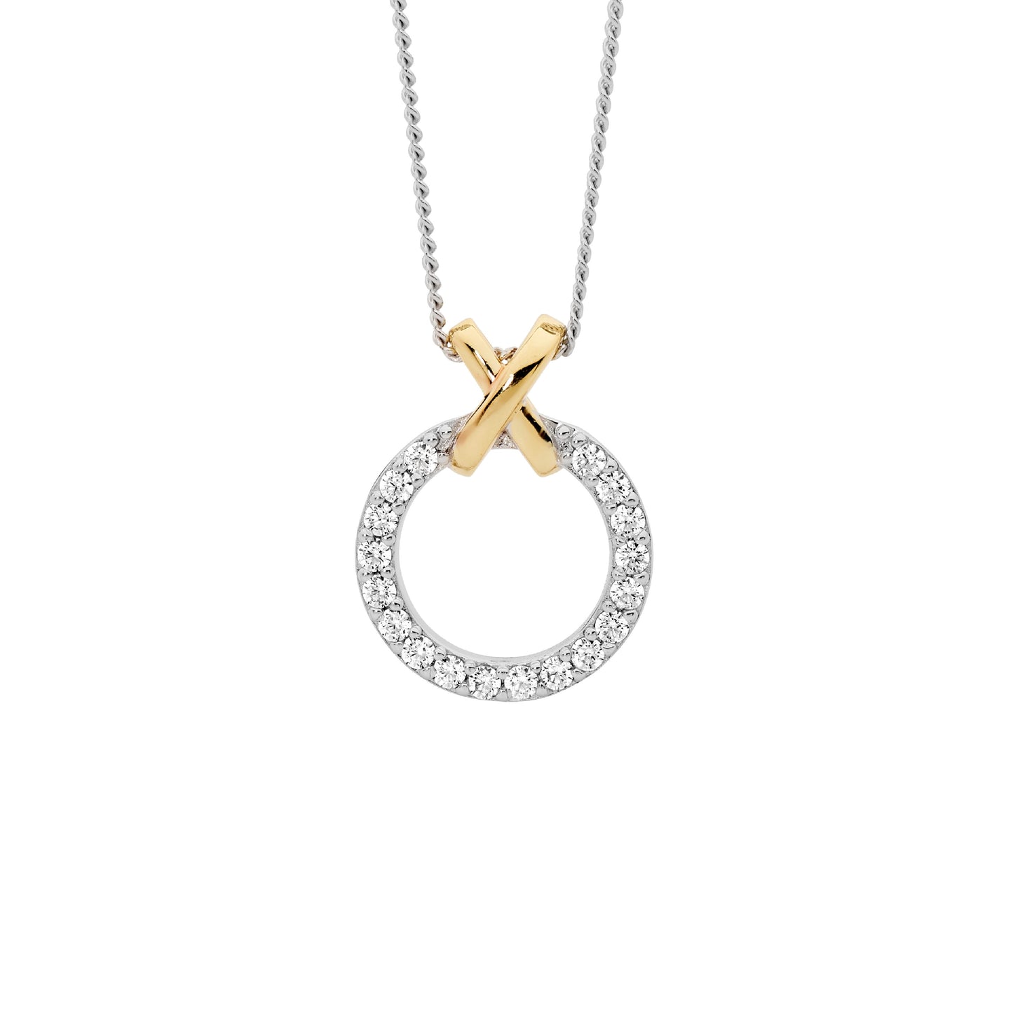 ELLANI STERLING SILVER CUBIC ZIRCONIA CRICLE WITH GOLD PLATED BAIL PENDANT AND CHAIN. P896G