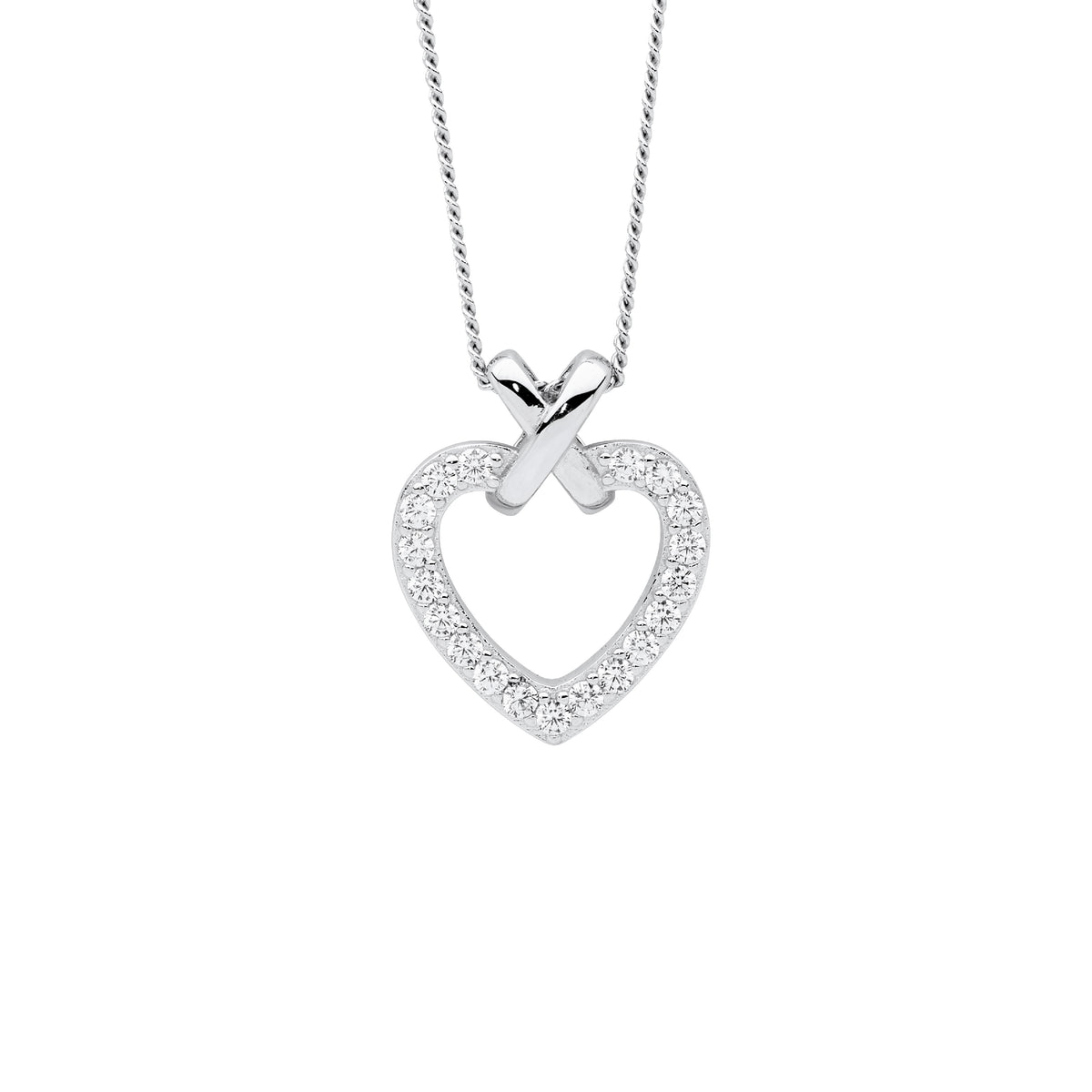 ELLANI STERLING SILVER RHODIUM PLATED CUBIC ZIRCONIA OPEN HEART WITH X BAIL PENDANT AND CHAIN. P902S