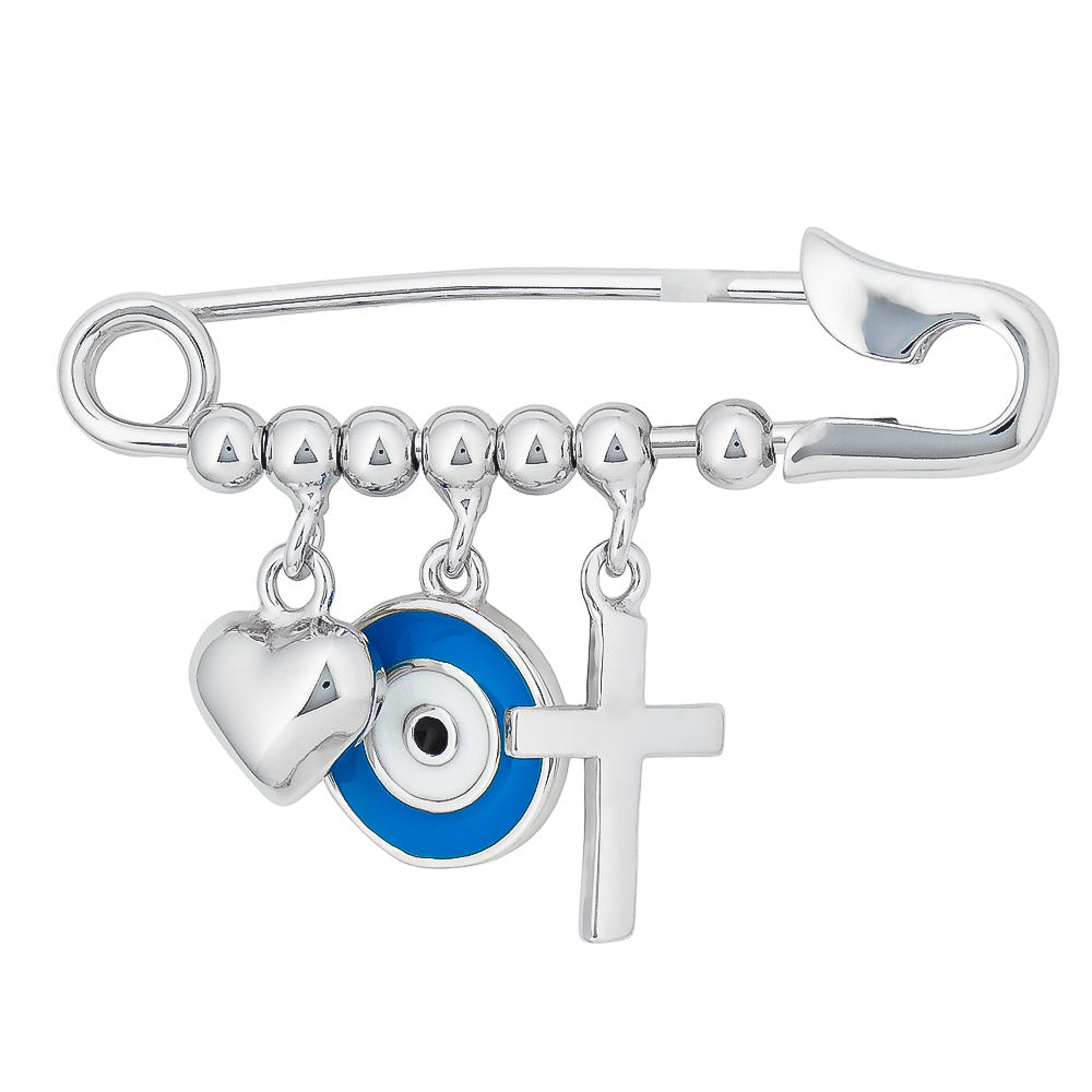 STERLING SILVER BABY PIN WITH BLUE EVIL EYE, HEART AND CROSS CHARMS