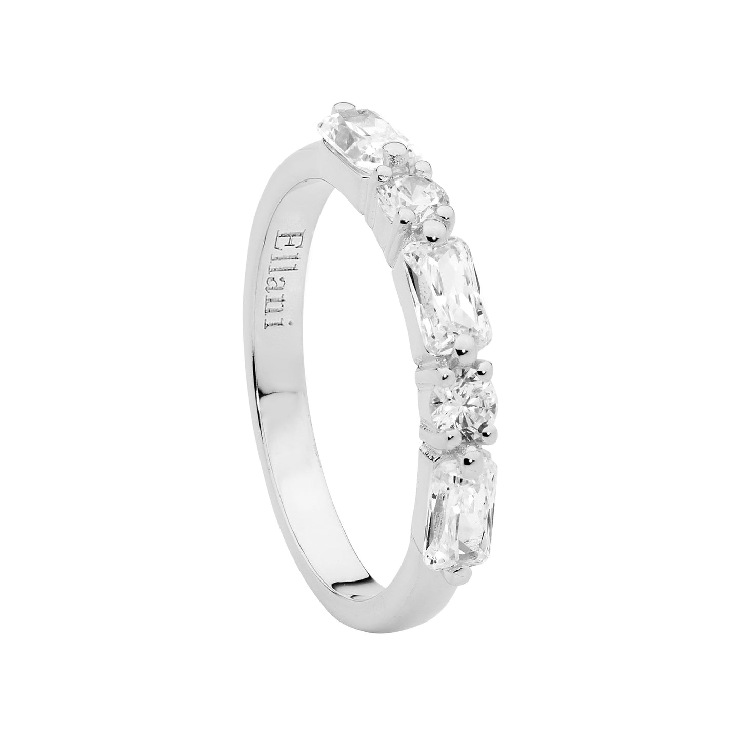 ELLANI STERLING SILVER RHODIUM PLATED ROUND AND BAGUETTE RING. R512S