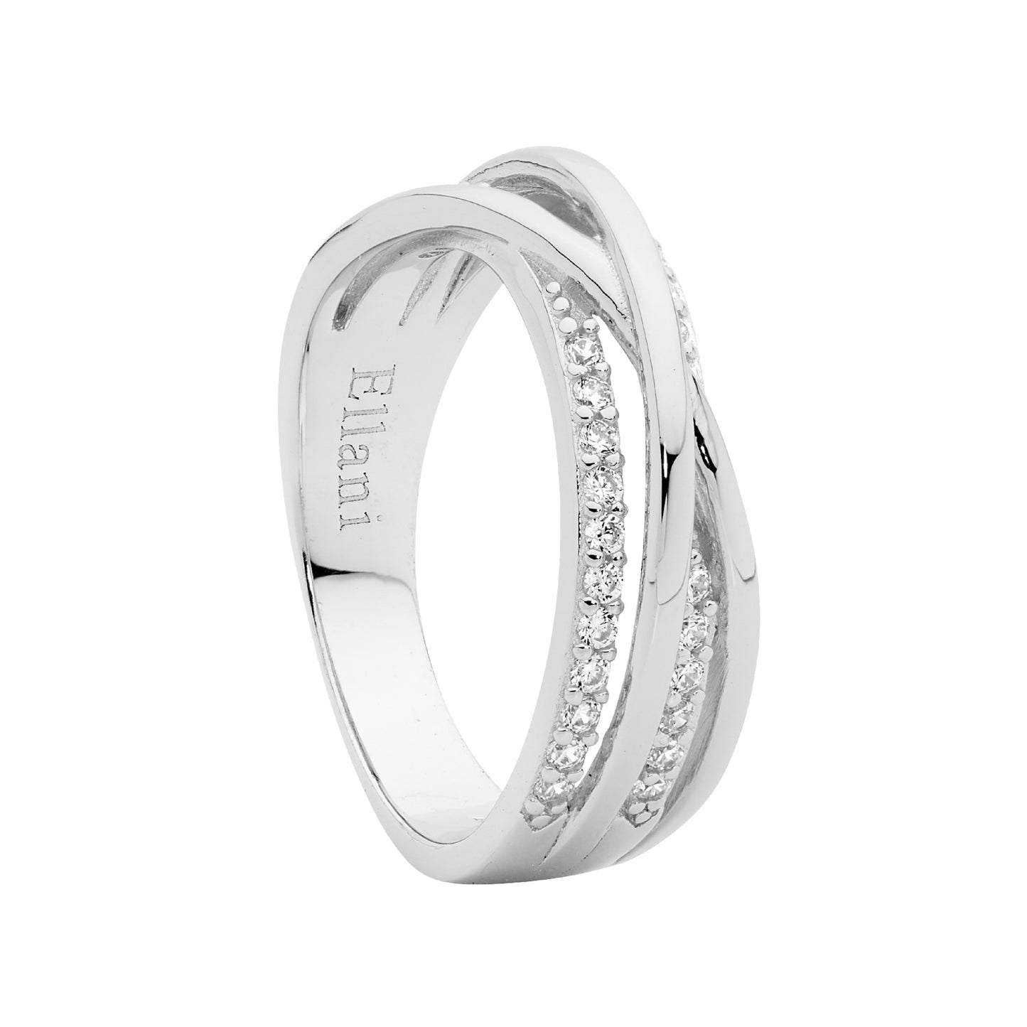 ELLANI STERLING SILVER PLAIN AND CUBIC ZIRCONIA CROSS OVER RING. R525