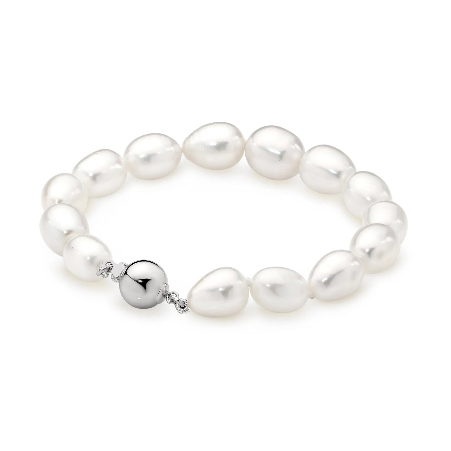STERLING SILVER 9-10CM OVAL WHITE FRESHWATER PEARL 19CM BRACELET.