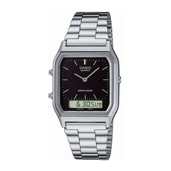 CASIO WATCH DRESS DUO SILVER TONE STAINLESS STEEL BAND. AQ230A-1DS