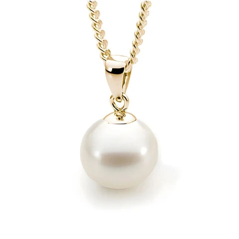 9CT YELLOW GOLD WHITE 8.5-9MM FREASHWATER PEARL PENDANT.