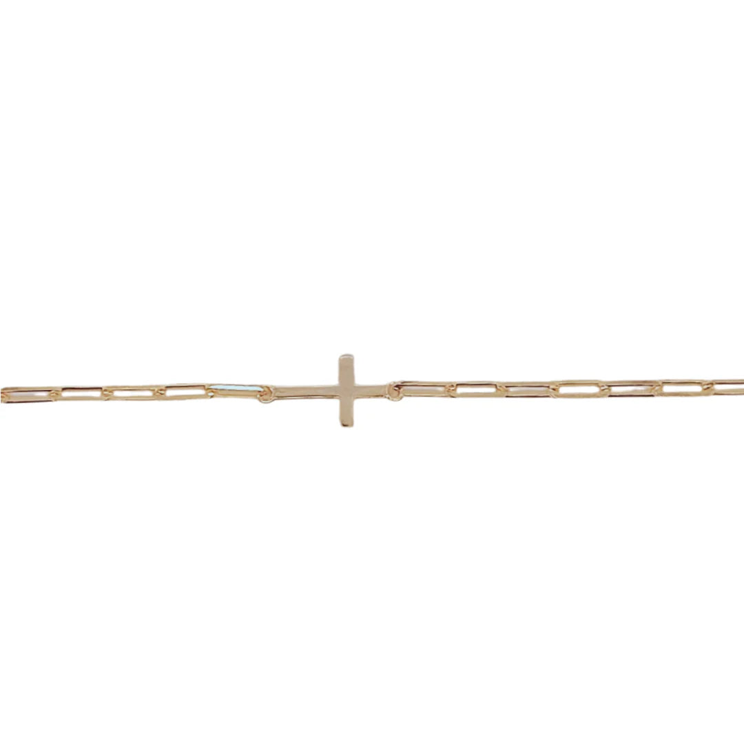 9CT YELLOW GOLD SOLID PAPERCLIP BRACELET WITH CROSS