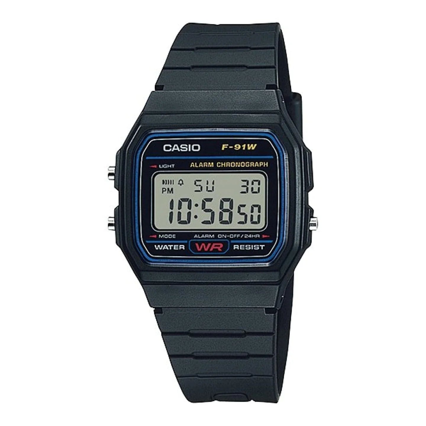 CASIO WATCH STOPWATCH, MULTI ALARM, BLACK RESIN BAND F91W-1