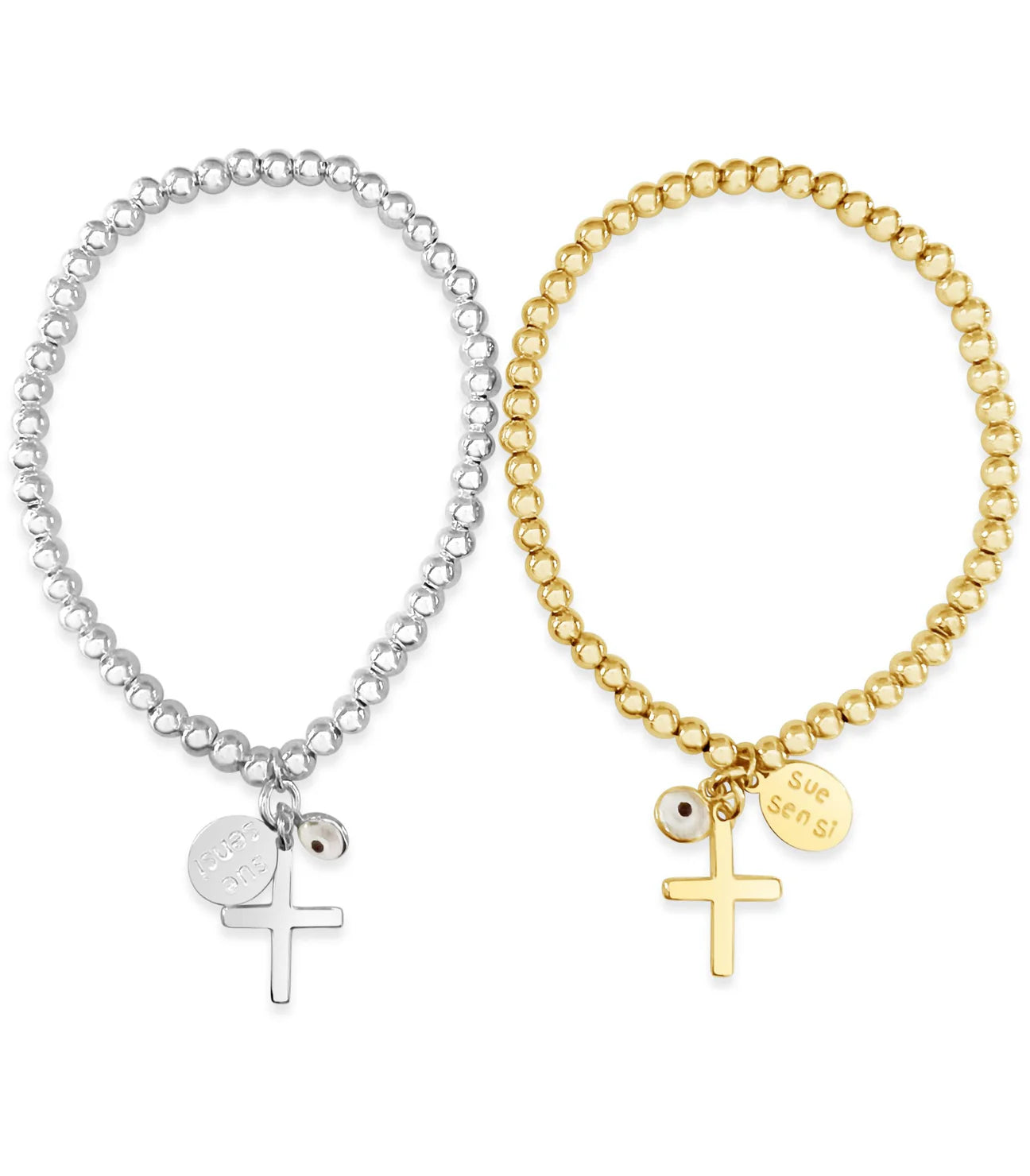 SUE SENSI STERLING SILVER FAITH AND MORE BRACELET WITH CROSS AND EVIL EYE.