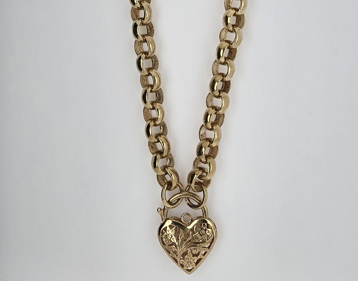 9CT YELLOW GOLD BELCHER CHAIN WITH HEART PADLOCK 44CM