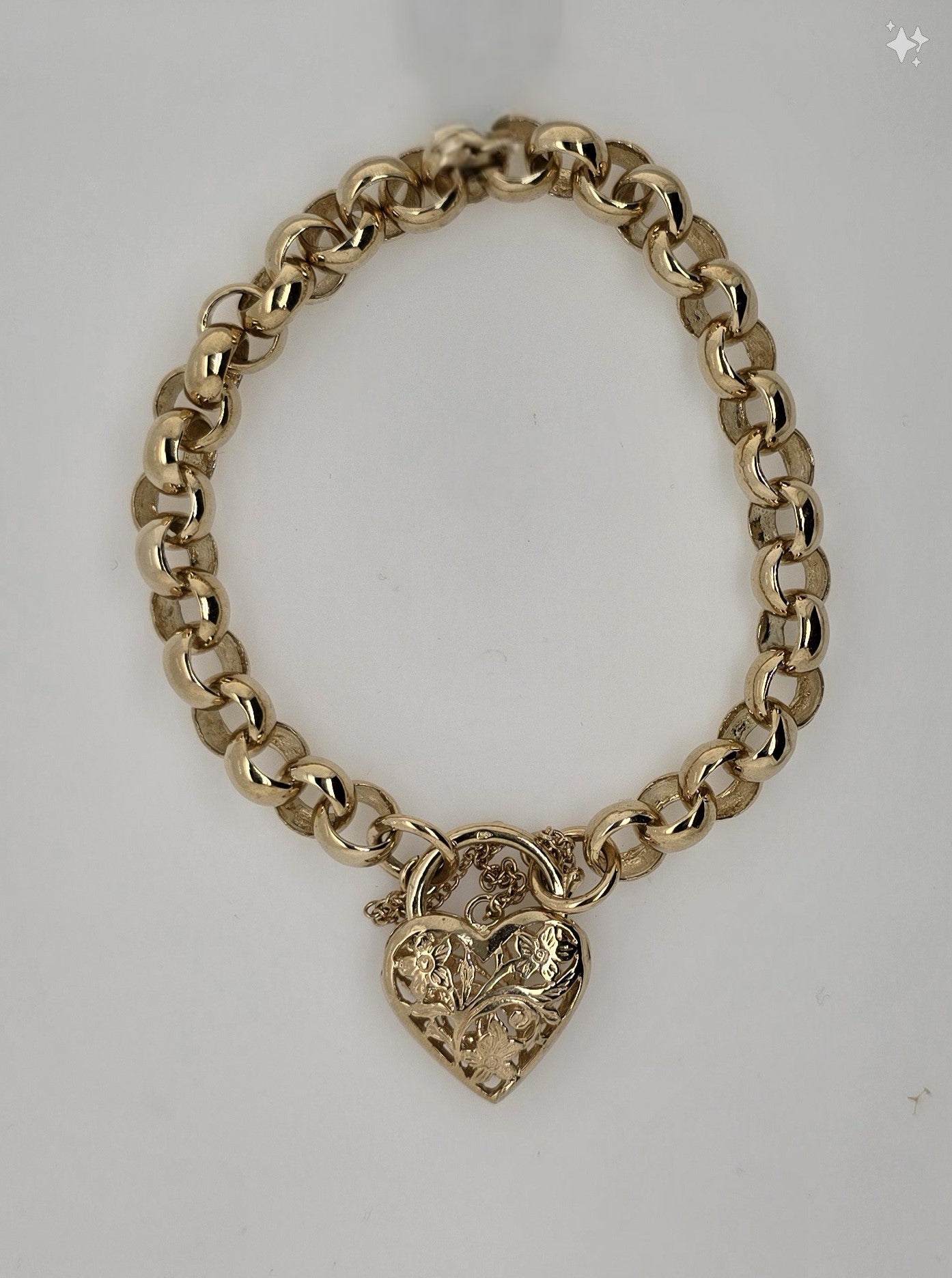 9CT YELLOW GOLD SOLID 19CM HAND MADE BELCHER BRACELET WITH FILIGREE HEART PADLOCK