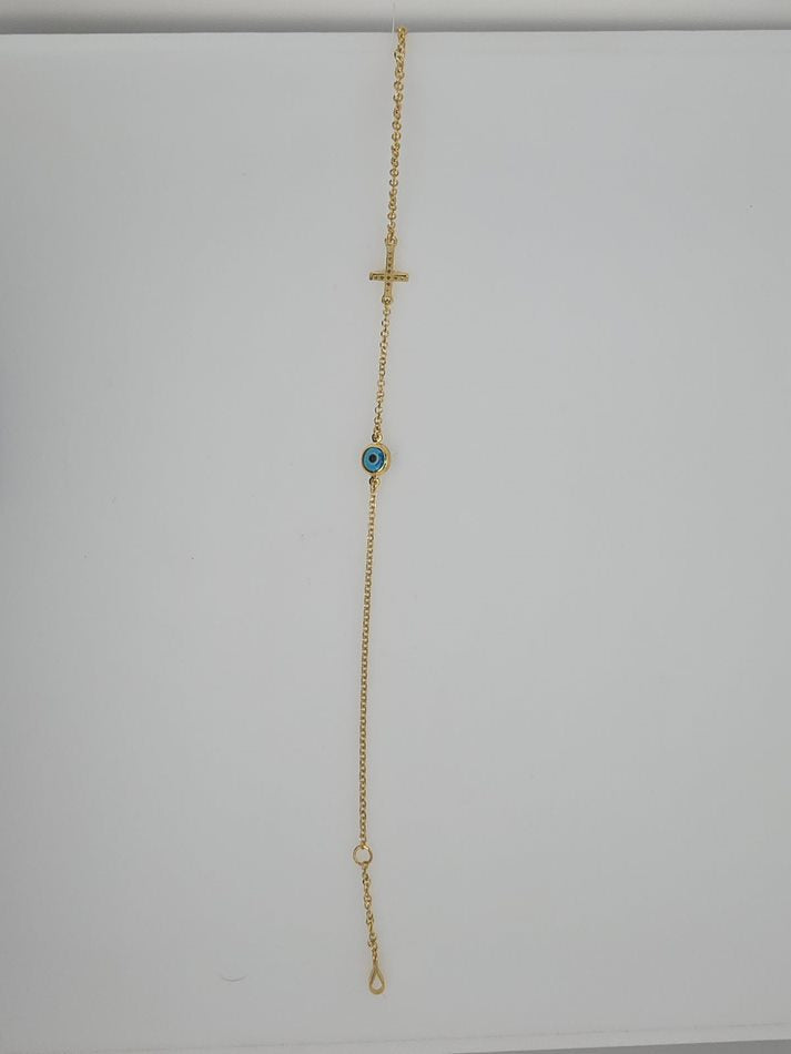 9CT YELLOW GOLD CUBIC ZIRCONIA CROSS AND EVIL EYE BRACELET.